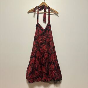 Hot Topic L Red Black Roses Halter Top Swing Dress Tulle Hem Goth Dark Romantic
